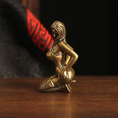 Retro Brass Sexy Lady Ornament - Unique Black Silk Beauty Statue, Fun Home Copper Craft Decoration