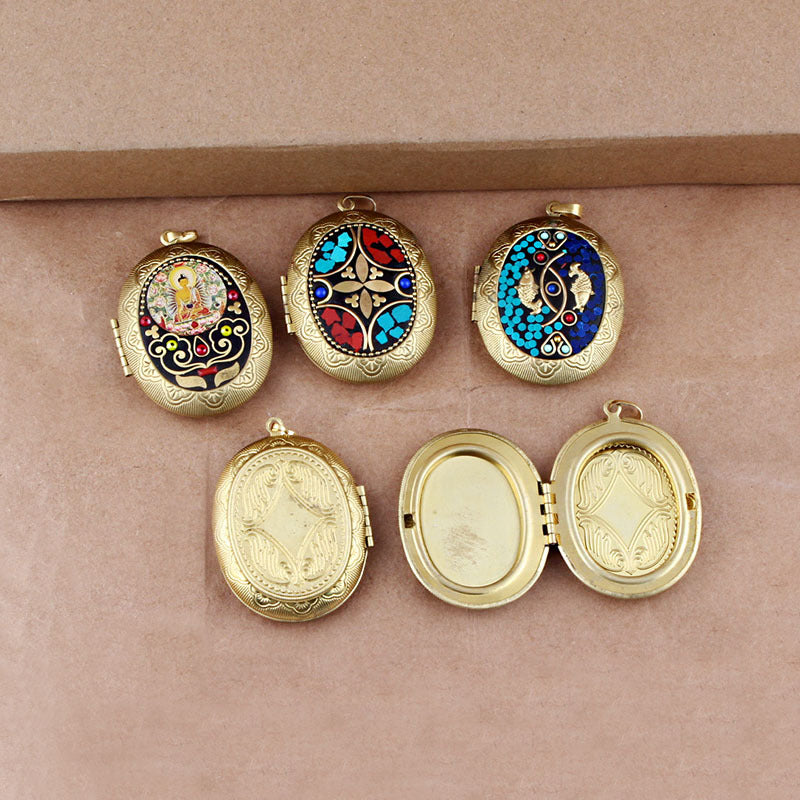 Nepali Buddha Inlay Craft Brass Gau Pendant - Handmade Buddhist Sacred Locket Jewelry