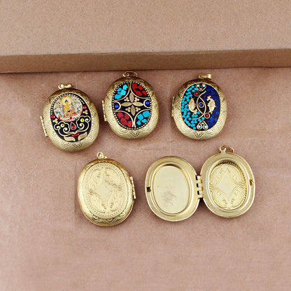 Nepali Buddha Inlay Craft Brass Gau Pendant - Handmade Buddhist Sacred Locket Jewelry