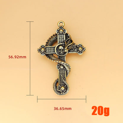 Vintage Brass Cross Dragon & Skull Pendant, Retro Coiled Dragon Skeleton Charm, Antique Brass Keychain or Pendant, Gothic Jewelry Decor