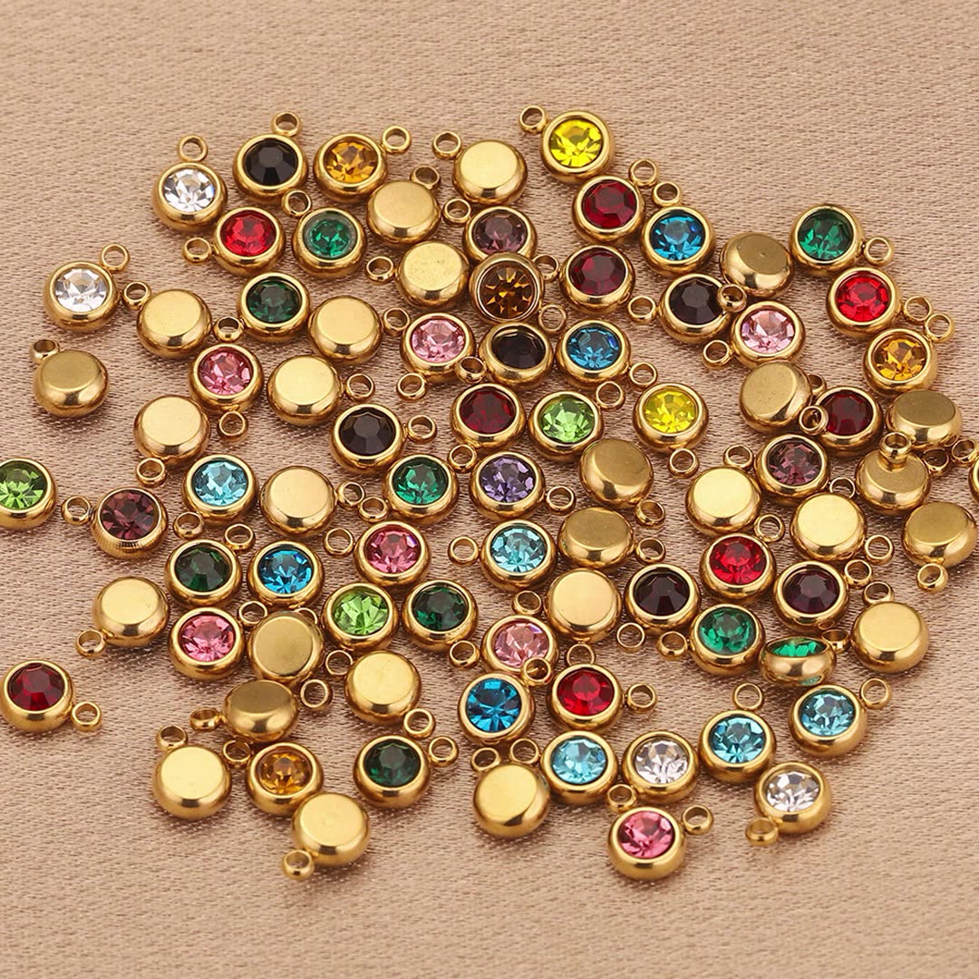 20PCS 6mm Stainless Steel Birthstone Pendant - 12 Zodiac Crystal Lucky Stones, Titanium Steel DIY Jewelry Making Supplies, Mixed Color