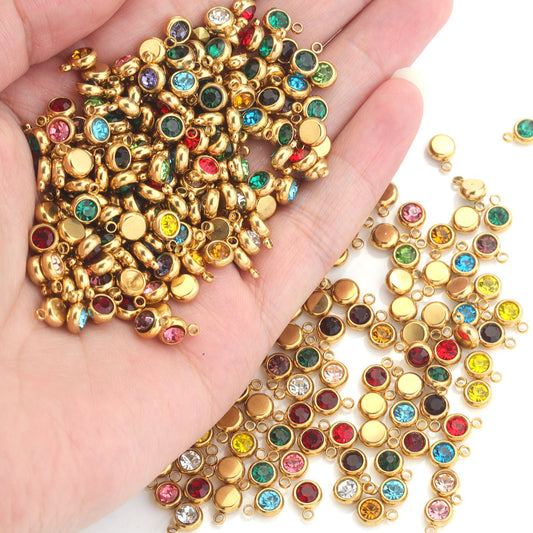 20PCS 6mm Stainless Steel Birthstone Pendant - 12 Zodiac Crystal Lucky Stones, Titanium Steel DIY Jewelry Making Supplies, Mixed Color