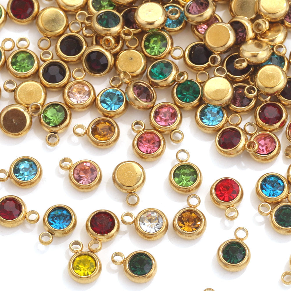 20PCS 6mm Stainless Steel Birthstone Pendant - 12 Zodiac Crystal Lucky Stones, Titanium Steel DIY Jewelry Making Supplies, Mixed Color
