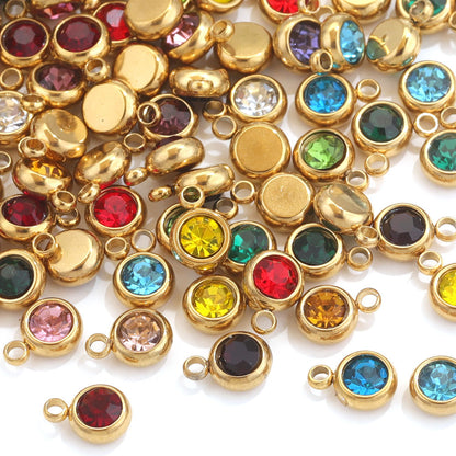 20PCS 6mm Stainless Steel Birthstone Pendant - 12 Zodiac Crystal Lucky Stones, Titanium Steel DIY Jewelry Making Supplies, Mixed Color