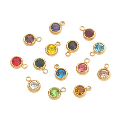 20PCS 6mm Stainless Steel Birthstone Pendant - 12 Zodiac Crystal Lucky Stones, Titanium Steel DIY Jewelry Making Supplies, Mixed Color