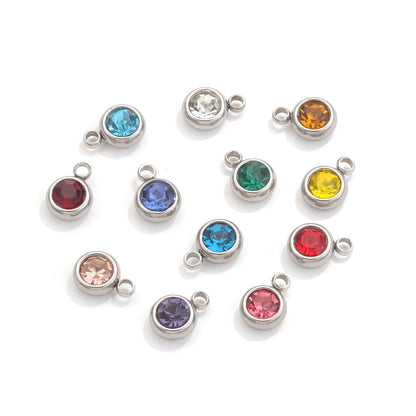 20PCS 6mm Stainless Steel Birthstone Pendant - 12 Zodiac Crystal Lucky Stones, Titanium Steel DIY Jewelry Making Supplies, Mixed Color