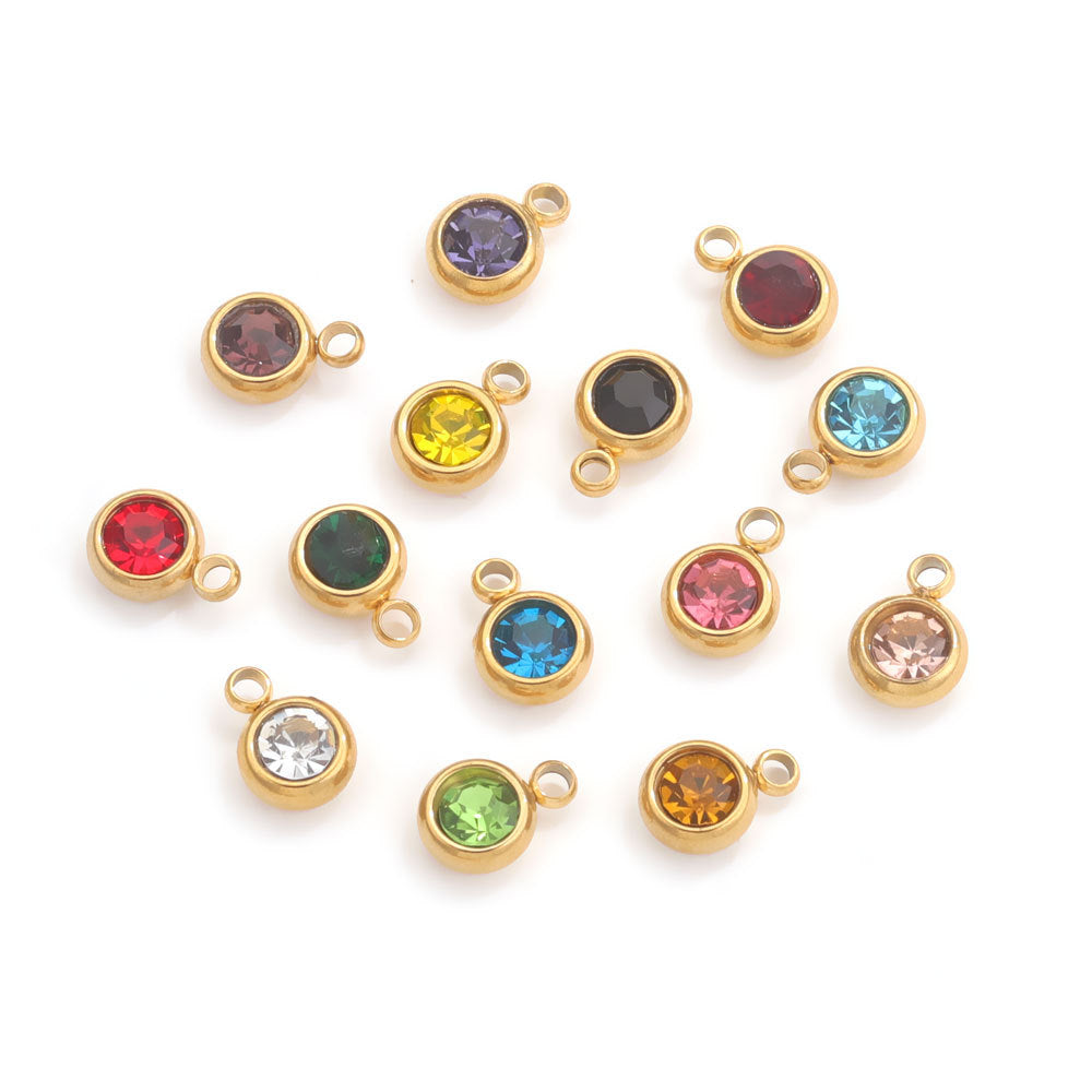 20PCS 6mm Stainless Steel Birthstone Pendant - 12 Zodiac Crystal Lucky Stones, Titanium Steel DIY Jewelry Making Supplies, Mixed Color