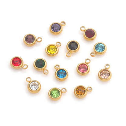 20PCS 6mm Stainless Steel Birthstone Pendant - 12 Zodiac Crystal Lucky Stones, Titanium Steel DIY Jewelry Making Supplies, Mixed Color
