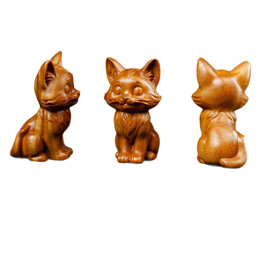 Artisan Crafted Green Sandalwood Cat Statue - Hand Carved Wooden Cat Figurine for Shelf Decor