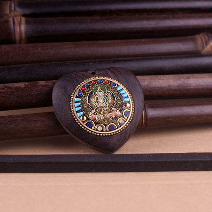 Heart-Shaped Yellow Jambhala Buddha Pendant - Tibetan Nepalese Thangka Wealth Eye Peace Token