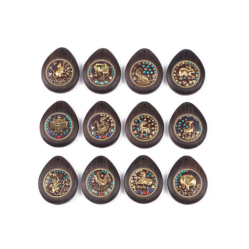 Handmade Black Sandalwood Zodiac Pendant - Nepalese Thangka Water Drop Design - Ethnic Necklace & Keychain Accessory