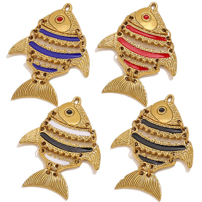 Moving Fish Design Gold-Plated Hollow Stainless Steel Pendants, Enameled Ocean Fish Series Charms for Necklace Making, Handmade Jewelry Accessories