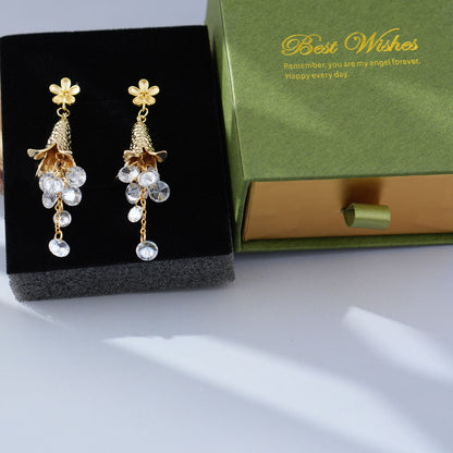 Vintage Bellflower Tassel Earrings, Long Drop Earrings with Natural Zircon, Retro Floral Dangle Earrings, Handmade Statement Jewelry for Women