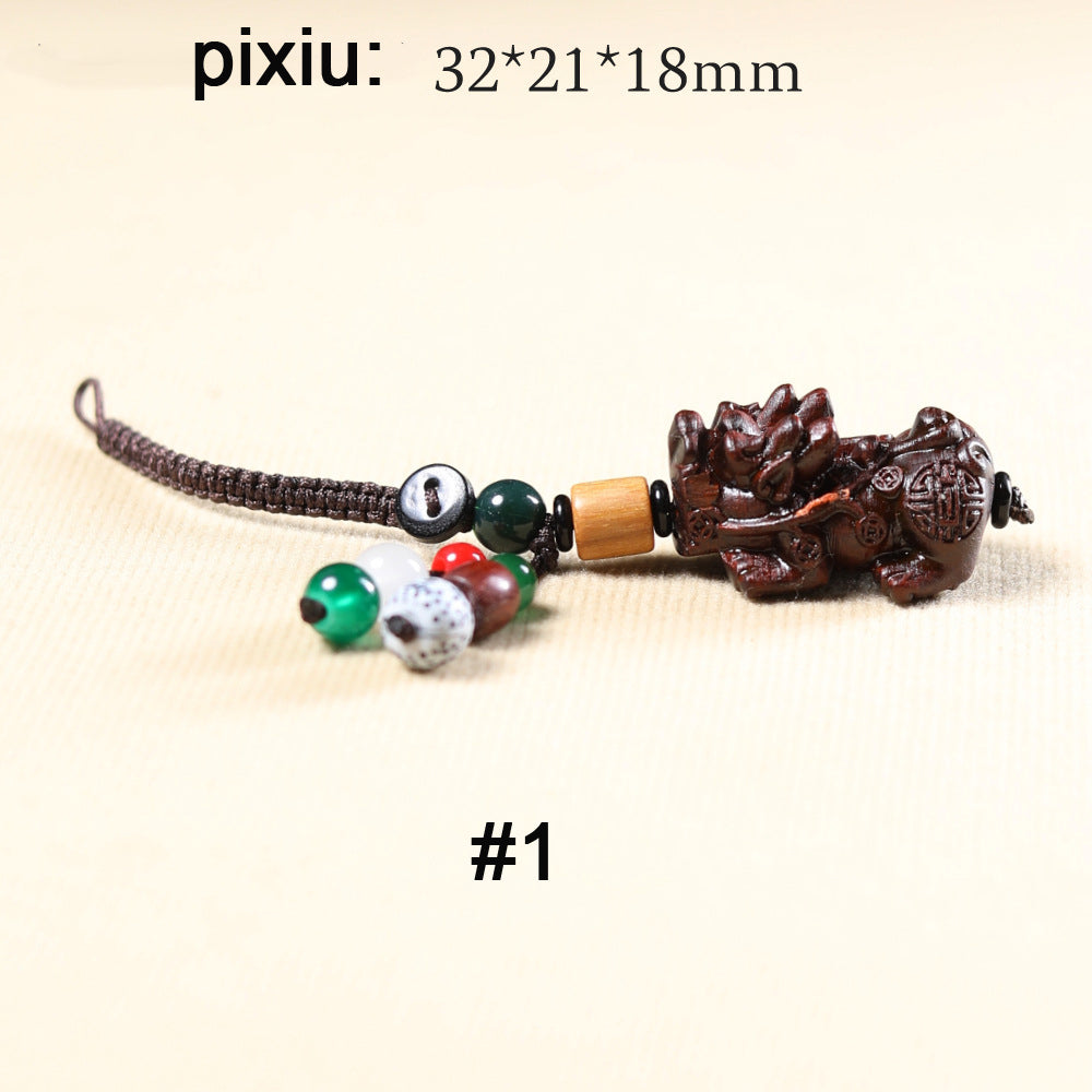Hand-Carved Red Sandalwood Pixiu Keychain - Wooden Carving Bag Charm