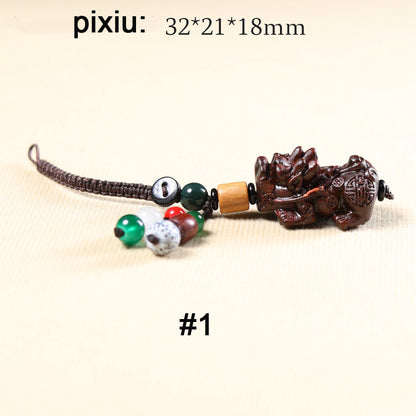 Hand-Carved Red Sandalwood Pixiu Keychain - Wooden Carving Bag Charm