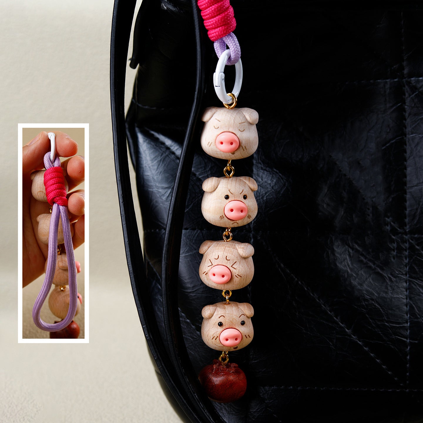 Wood Cute Cartoon Pig Wooden Keychain, Lucky Charm Bag Pendant, Creative Car Hanging Ornament, Friendship Gift for Girls