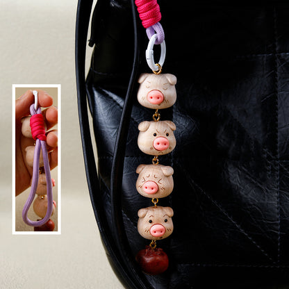 Wood Cute Cartoon Pig Wooden Keychain, Lucky Charm Bag Pendant, Creative Car Hanging Ornament, Friendship Gift for Girls