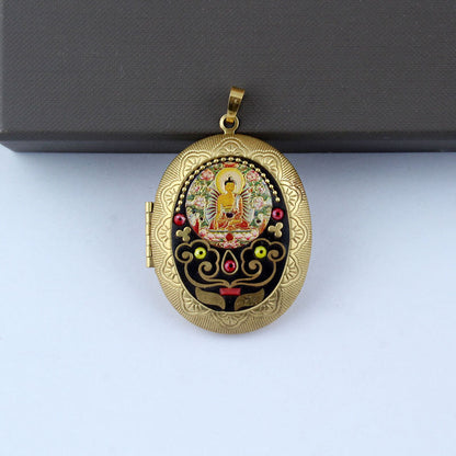 Nepali Buddha Inlay Craft Brass Gau Pendant - Handmade Buddhist Sacred Locket Jewelry