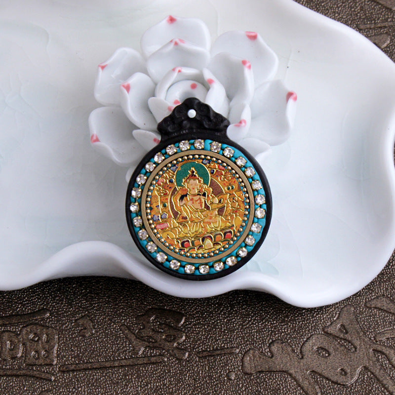 Nepalese Elephant Lotus Buddha Pendant - Round Black Sandalwood Thousand-Handed Guanyin Protection Token