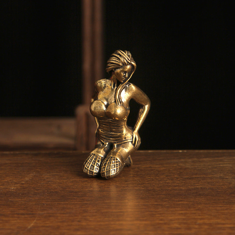 Retro Brass Sexy Lady Ornament - Unique Black Silk Beauty Statue, Fun Home Copper Craft Decoration