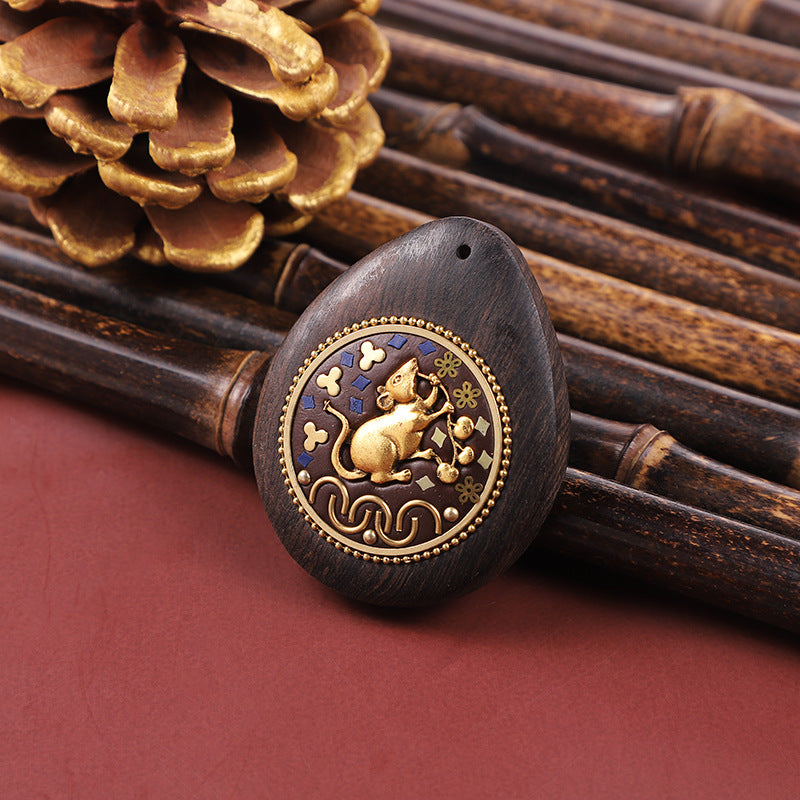 Handmade Black Sandalwood Zodiac Pendant - Nepalese Thangka Water Drop Design - Ethnic Necklace & Keychain Accessory