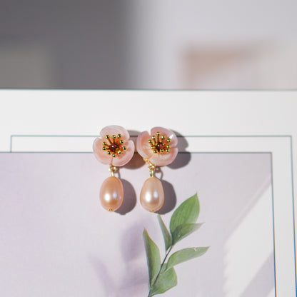 Natural Mother of Pearl Flower with Pearl Dangle Drop Earrings, Gold Plated S925 Sterling Silver Pearl Stud Earring, Mother's Day Gift