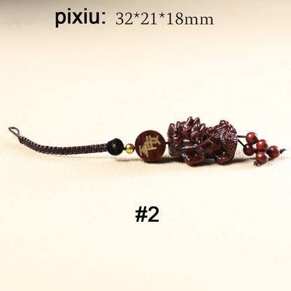 Hand-Carved Red Sandalwood Pixiu Keychain - Wooden Carving Bag Charm