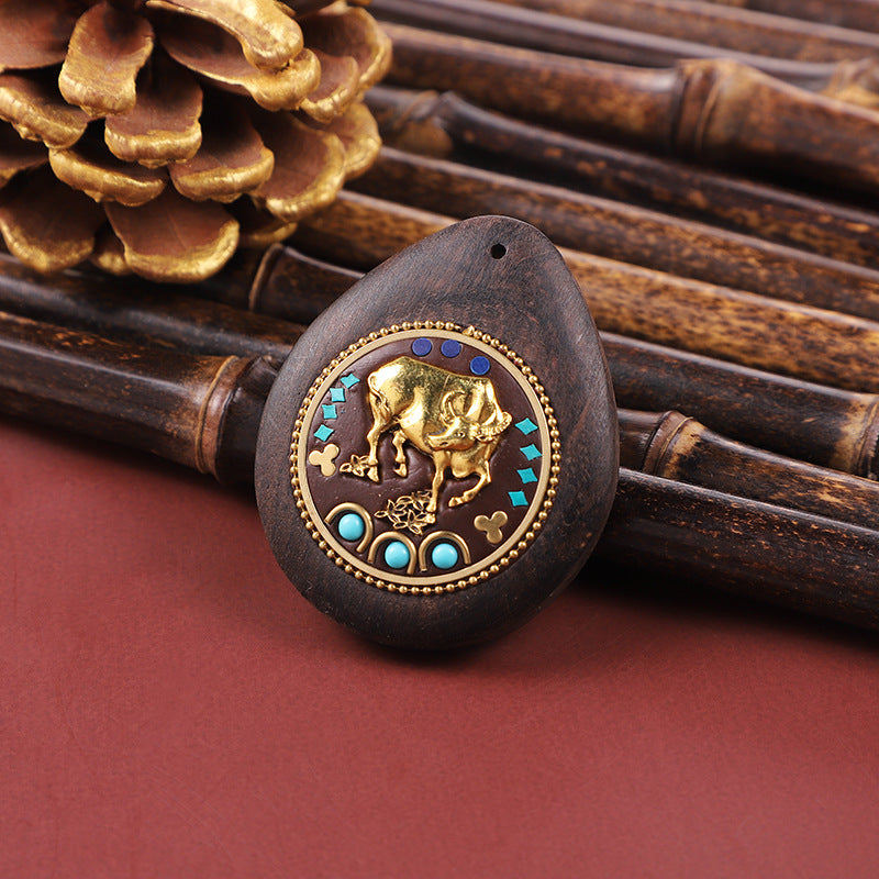 Handmade Black Sandalwood Zodiac Pendant - Nepalese Thangka Water Drop Design - Ethnic Necklace & Keychain Accessory