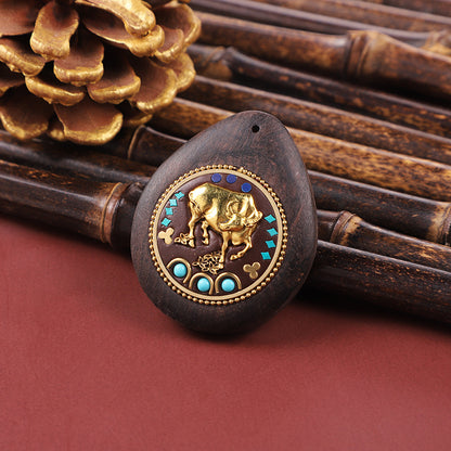 Handmade Black Sandalwood Zodiac Pendant - Nepalese Thangka Water Drop Design - Ethnic Necklace & Keychain Accessory