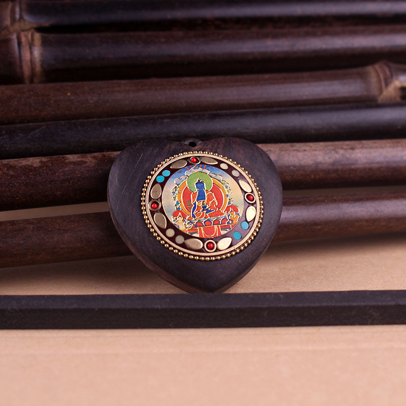 Heart-Shaped Yellow Jambhala Buddha Pendant - Tibetan Nepalese Thangka Wealth Eye Peace Token