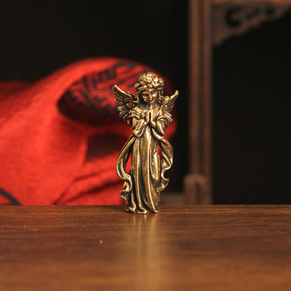 Brass Seraph Angel Figurine - Vintage Style Small Copper Artwork, Ideal Desk Decor for Angel Collectors