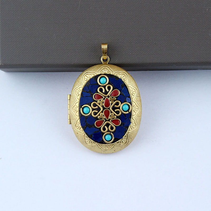 Nepali Buddha Inlay Craft Brass Gau Pendant - Handmade Buddhist Sacred Locket Jewelry