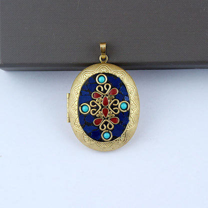 Nepali Buddha Inlay Craft Brass Gau Pendant - Handmade Buddhist Sacred Locket Jewelry