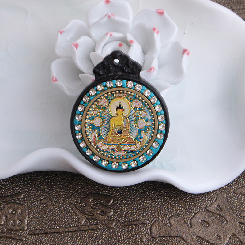 Nepalese Elephant Lotus Buddha Pendant - Round Black Sandalwood Thousand-Handed Guanyin Protection Token