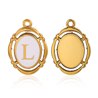 Stainless Steel Oval White Oil-Dropped Letter Pendants - Minimalist Design for DIY Bracelets & Necklaces