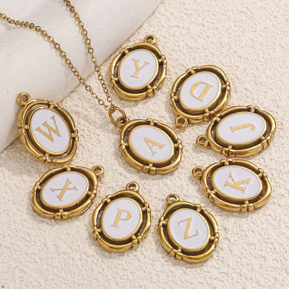Stainless Steel Oval White Oil-Dropped Letter Pendants - Minimalist Design for DIY Bracelets & Necklaces