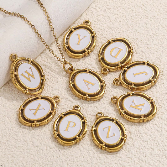 Stainless Steel Oval White Oil-Dropped Letter Pendants - Minimalist Design for DIY Bracelets & Necklaces