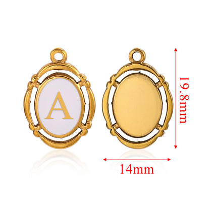 Stainless Steel Oval White Oil-Dropped Letter Pendants - Minimalist Design for DIY Bracelets & Necklaces