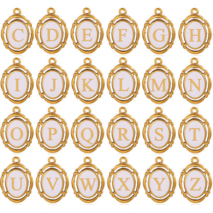 Stainless Steel Oval White Oil-Dropped Letter Pendants - Minimalist Design for DIY Bracelets & Necklaces