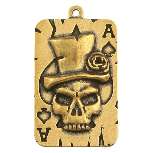 Vintage Brass Skull Poker Card Pendant, Retro Playing Card Charm, Gothic Steampunk Jewelry Making Supplies, Brass Skeleton Pendant