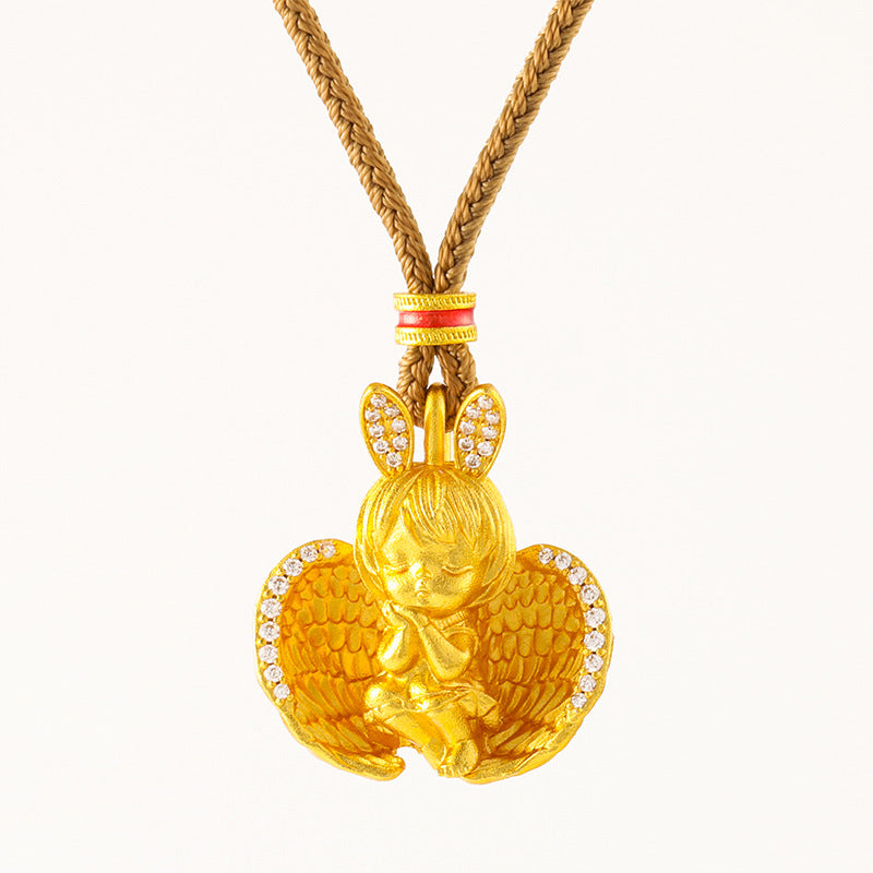 Angel Baby Pendant, Inlaid Diamond Rabbit Ear Sleeping Angel Charm, 24K Gold Plated Necklace Pendant for Women