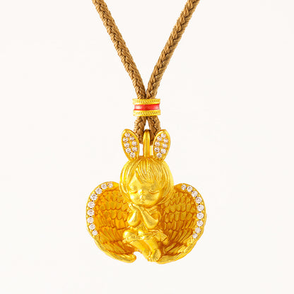 Angel Baby Pendant, Inlaid Diamond Rabbit Ear Sleeping Angel Charm, 24K Gold Plated Necklace Pendant for Women