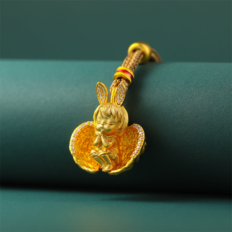 Angel Baby Pendant, Inlaid Diamond Rabbit Ear Sleeping Angel Charm, 24K Gold Plated Necklace Pendant for Women