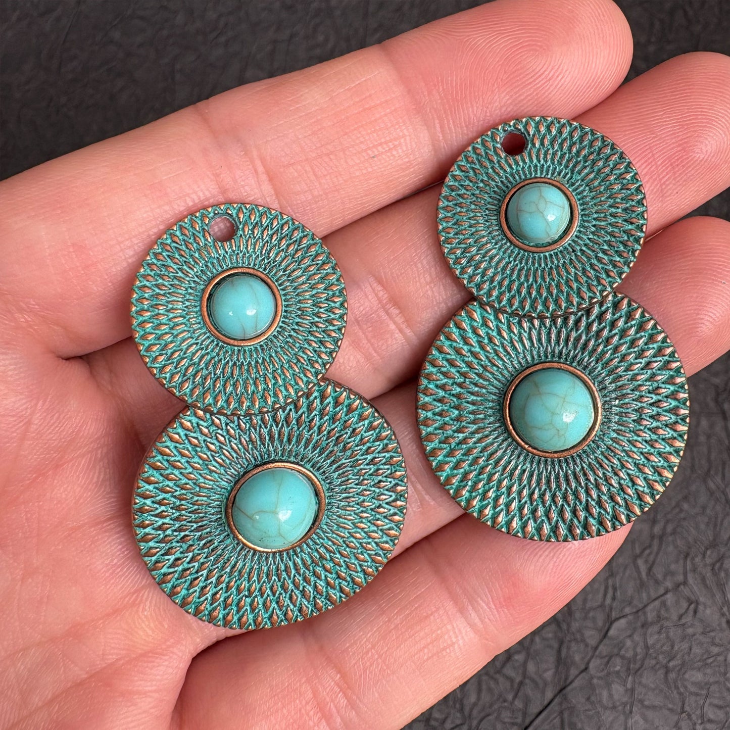 2PCS Antique  Double Patina Turquoise Round Charms, Boho Jewelry Findings