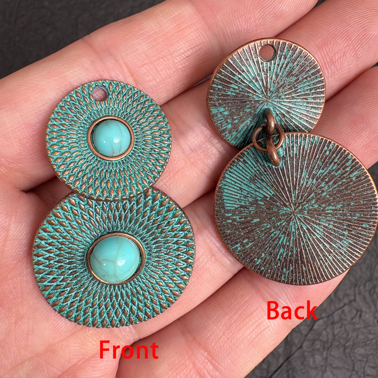 2PCS Antique  Double Patina Turquoise Round Charms, Boho Jewelry Findings