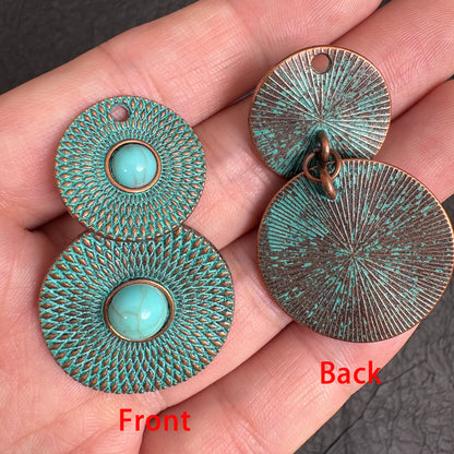 2PCS Antique  Double Patina Turquoise Round Charms, Boho Jewelry Findings