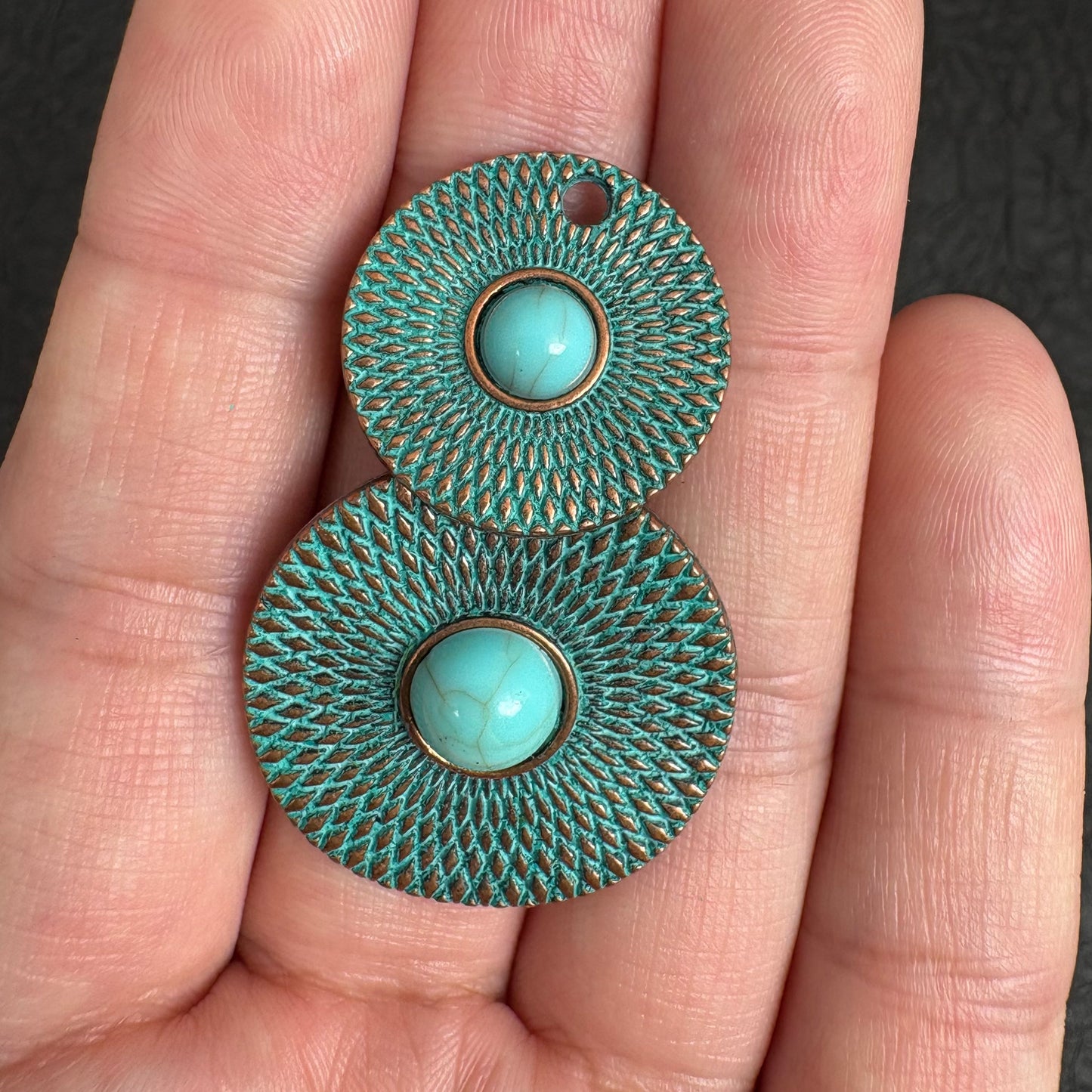2PCS Antique  Double Patina Turquoise Round Charms, Boho Jewelry Findings