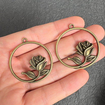 6PCS Antique Bronze Circle Rose Charms, Vintage Floral Pendants for DIY Necklace Jewelry Making