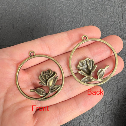 6PCS Antique Bronze Circle Rose Charms, Vintage Floral Pendants for DIY Necklace Jewelry Making