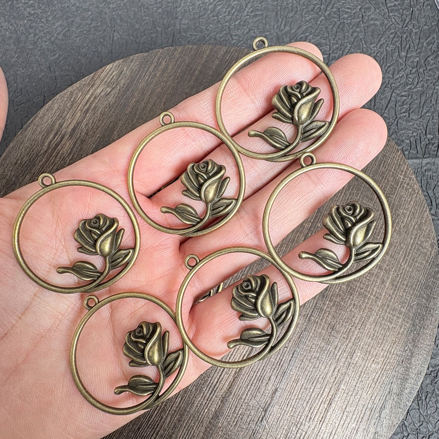 6PCS Antique Bronze Circle Rose Charms, Vintage Floral Pendants for DIY Necklace Jewelry Making